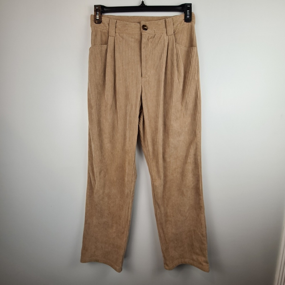 Miou Muse Straight Pleated Corduroy Pants Women's Tan Large Cuffed High Waist